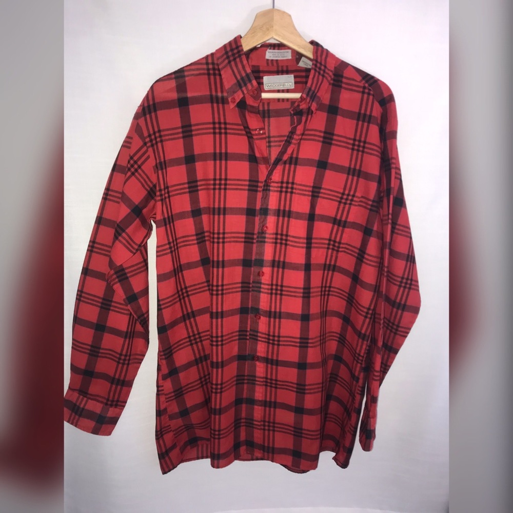 Red plaid button down shirt.
